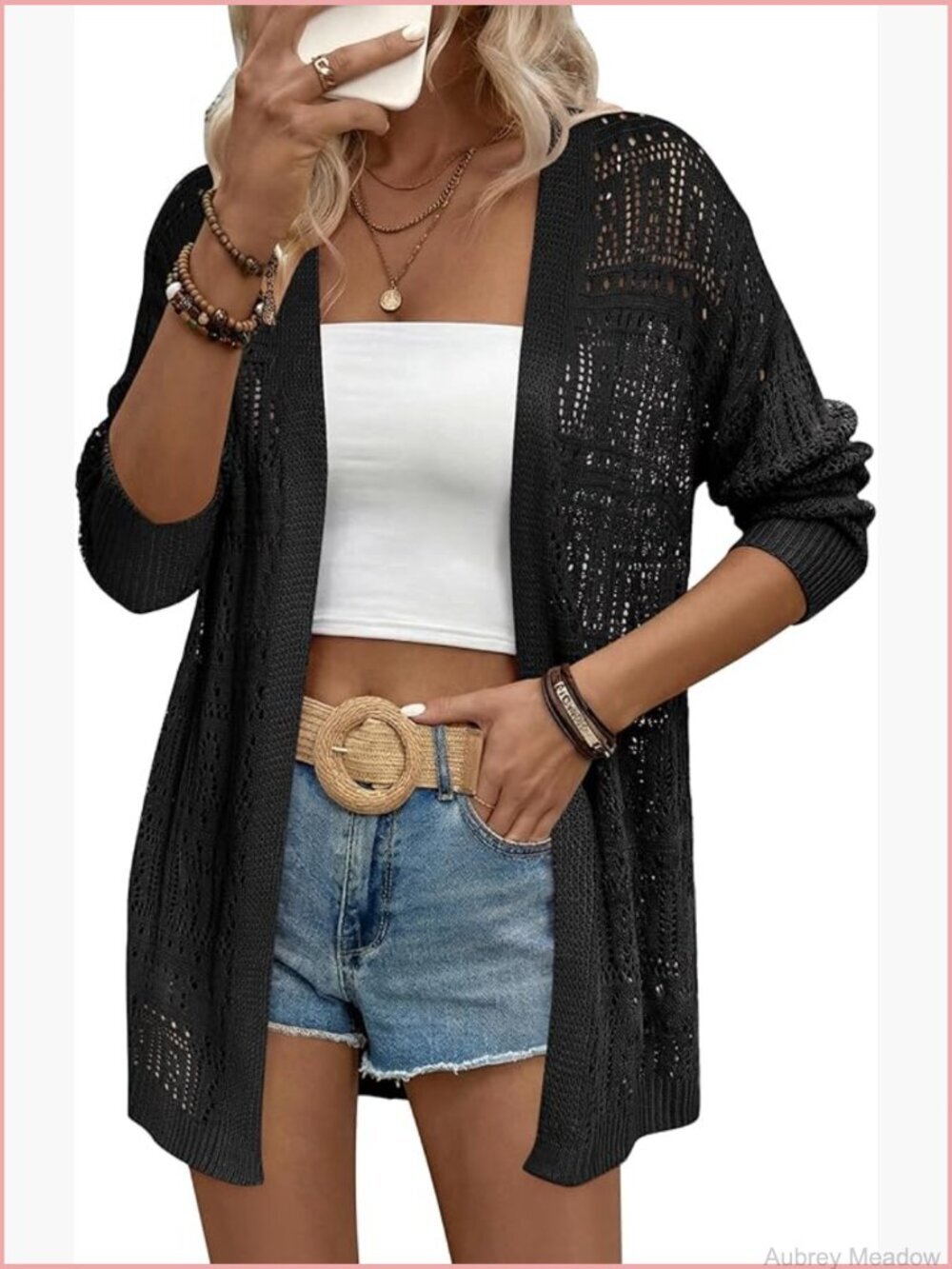 Lightweight Crochet Cardigan Sweater Long Sleeve Open Front Kimono Boho Beach